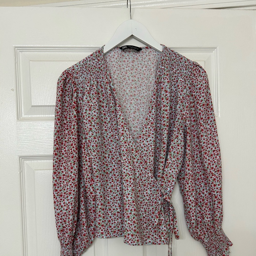 Zara Red and White Wrap Blouse with Puff Sleeves